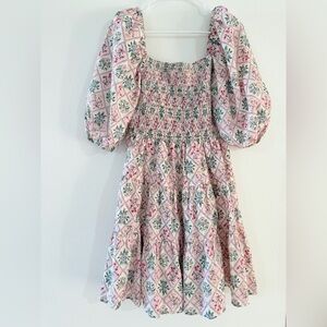 ELOQUI- Floral Mini Dress-Size 14-Pink Smocked-Puff Sleeve-Cottagecore-Romantic
